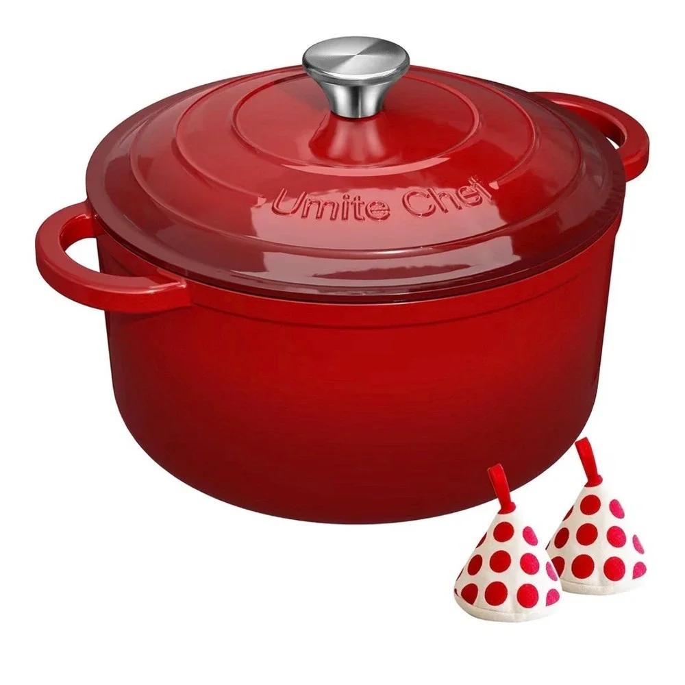Umite Chef Red Cast Iron Dutch Oven Round Casserole Pot with Lid